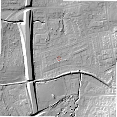 Shaded relief map of the ground around CV128SJ, computed from Environment Agency LiDAR. The ground here sits at about 98 m above sea level and falls 15 m across the surrounding 800 m. Surface water reaching this point runs off ground lying to the west-south-west, 2.1 m higher.