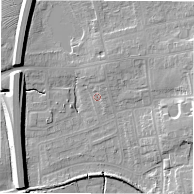 Shaded relief map of the ground around CV128SL, computed from Environment Agency LiDAR. The ground here sits at about 100 m above sea level and falls 13 m across the surrounding 800 m. Surface water reaching this point runs off ground lying to the north-north-east, 2.4 m higher.