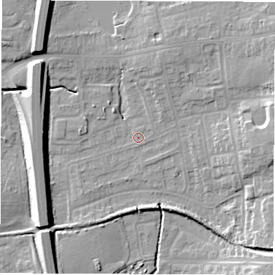 Shaded relief map of the ground around CV128SQ, computed from Environment Agency LiDAR. The ground here sits at about 99 m above sea level and falls 13 m across the surrounding 800 m. Surface water reaching this point runs off ground lying to the north-west, 11.7 m higher.