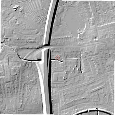 Shaded relief map of the ground around CV128SU, computed from Environment Agency LiDAR. The ground here sits at about 100 m above sea level and falls 13 m across the surrounding 800 m. Surface water reaching this point runs off ground lying to the north-north-west, 11.2 m higher.