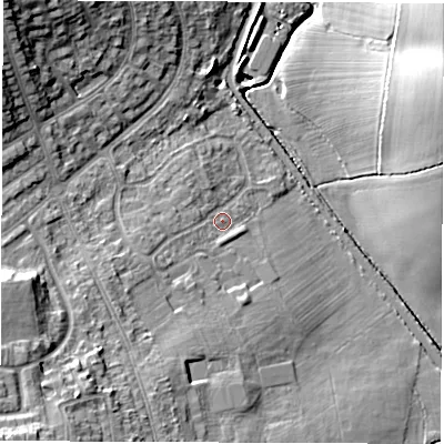 Shaded relief map of the ground around CV129BY, computed from Environment Agency LiDAR. The ground here sits at about 94 m above sea level and falls 17 m across the surrounding 800 m. Surface water reaching this point runs off ground lying to the west-south-west, 2.5 m higher.