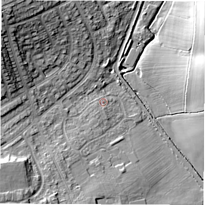 Shaded relief map of the ground around CV129BZ, computed from Environment Agency LiDAR. The ground here sits at about 94 m above sea level and falls 21 m across the surrounding 800 m. Surface water reaching this point runs off ground lying to the south-south-west, 1.8 m higher.
