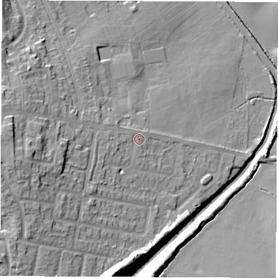 Shaded relief map of the ground around CV129ED, computed from Environment Agency LiDAR. The ground here sits at about 98 m above sea level and falls 16 m across the surrounding 800 m. Surface water reaching this point runs off ground lying to the west-south-west, 9.0 m higher.