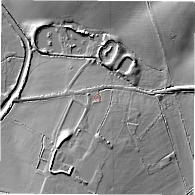 Shaded relief map of the ground around CV129JA, computed from Environment Agency LiDAR. The ground here sits at about 97 m above sea level and falls 15 m across the surrounding 800 m. Surface water reaching this point runs off ground lying to the south, 4.6 m higher.