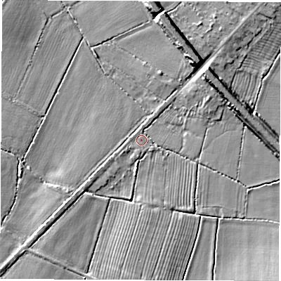 Shaded relief map of the ground around CV129NB, computed from Environment Agency LiDAR. The ground here sits at about 97 m above sea level and falls 8 m across the surrounding 800 m. Surface water reaching this point runs off ground lying to the east-north-east, 7.3 m higher.