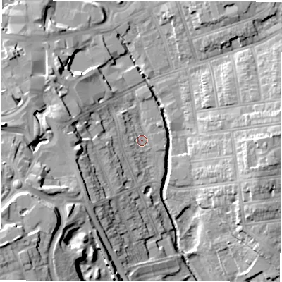 Shaded relief map of the ground around CV12AL, computed from Environment Agency LiDAR. The ground here sits at about 75 m above sea level and falls 31 m across the surrounding 800 m. Surface water reaching this point runs off ground lying to the west-south-west, 12.7 m higher.