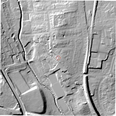 Shaded relief map of the ground around CV12BA, computed from Environment Agency LiDAR. The ground here sits at about 81 m above sea level and falls 20 m across the surrounding 800 m. Surface water reaching this point runs off ground lying to the north-east, 1.9 m higher.