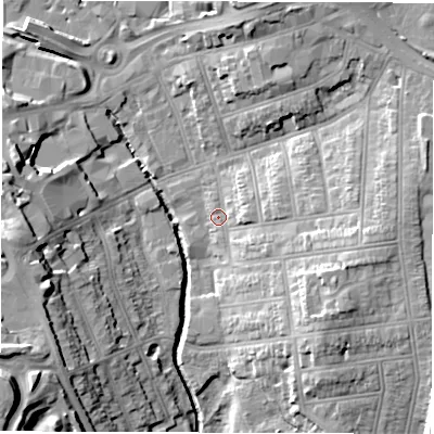 Shaded relief map of the ground around CV12BJ, computed from Environment Agency LiDAR. The ground here sits at about 76 m above sea level and falls 25 m across the surrounding 800 m. Surface water reaching this point runs off ground lying to the east-south-east, 12.2 m higher.