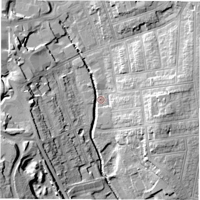 Shaded relief map of the ground around CV12BN, computed from Environment Agency LiDAR. The ground here sits at about 74 m above sea level and falls 28 m across the surrounding 800 m. Surface water reaching this point runs off ground lying to the west-south-west, 20.5 m higher.