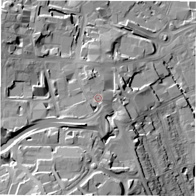 Shaded relief map of the ground around CV12DT, computed from Environment Agency LiDAR. The ground here sits at about 85 m above sea level and falls 29 m across the surrounding 800 m. Surface water reaching this point runs off ground lying to the south-south-west, 1.7 m higher.