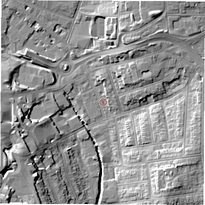 Shaded relief map of the ground around CV12HP, computed from Environment Agency LiDAR. The ground here sits at about 75 m above sea level and falls 21 m across the surrounding 800 m. Surface water reaching this point runs off ground lying to the north-north-east, 10.4 m higher.