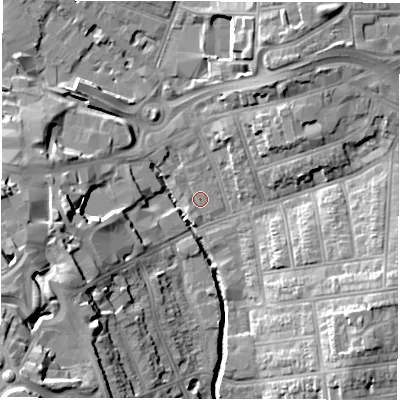Shaded relief map of the ground around CV12HQ, computed from Environment Agency LiDAR. The ground here sits at about 75 m above sea level and falls 24 m across the surrounding 800 m. Surface water reaching this point runs off ground lying to the west-south-west, 14.2 m higher.
