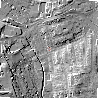Shaded relief map of the ground around CV12HS, computed from Environment Agency LiDAR. The ground here sits at about 75 m above sea level and falls 22 m across the surrounding 800 m. Surface water reaching this point runs off ground lying to the east-south-east, 12.3 m higher.