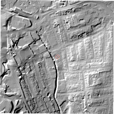 Shaded relief map of the ground around CV12JG, computed from Environment Agency LiDAR. The ground here sits at about 75 m above sea level and falls 27 m across the surrounding 800 m. Surface water reaching this point runs off ground lying to the south-west, 20.2 m higher.