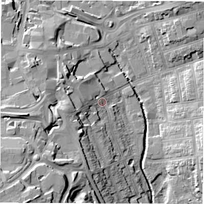 Shaded relief map of the ground around CV12JH, computed from Environment Agency LiDAR. The ground here sits at about 78 m above sea level and falls 30 m across the surrounding 800 m. Surface water reaching this point runs off ground lying to the west, 16.2 m higher.