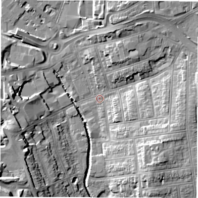 Shaded relief map of the ground around CV12JJ, computed from Environment Agency LiDAR. The ground here sits at about 75 m above sea level and falls 24 m across the surrounding 800 m. Surface water reaching this point runs off ground lying to the east-south-east, 10.1 m higher.