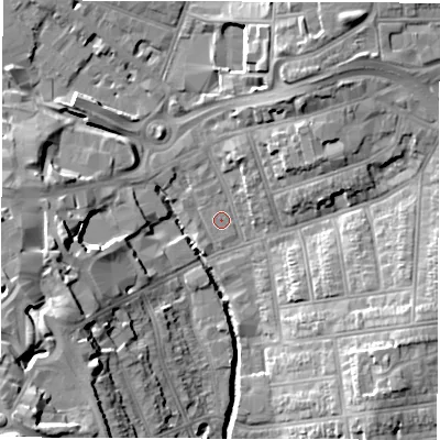 Shaded relief map of the ground around CV12LA, computed from Environment Agency LiDAR. The ground here sits at about 75 m above sea level and falls 24 m across the surrounding 800 m. Surface water reaching this point runs off ground lying to the north-east, 10.4 m higher.