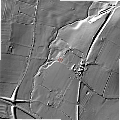 Shaded relief map of the ground around CV130BS, computed from Environment Agency LiDAR. The ground here sits at about 96 m above sea level and falls 16 m across the surrounding 800 m. Surface water reaching this point runs off ground lying to the south-east, 5.4 m higher.