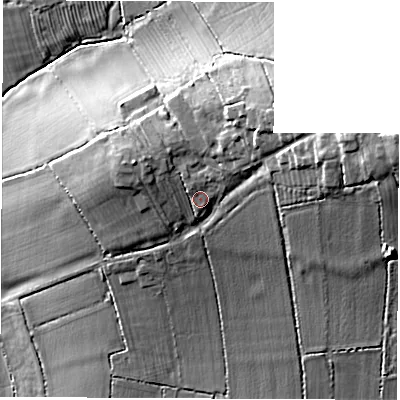 Shaded relief map of the ground around CV130BU, computed from Environment Agency LiDAR. The ground here sits at about 106 m above sea level and falls 25 m across the surrounding 800 m. Surface water reaching this point runs off ground lying to the north-west, 3.0 m higher.