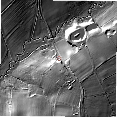 Shaded relief map of the ground around CV130HP, computed from Environment Agency LiDAR. The ground here sits at about 120 m above sea level and falls 23 m across the surrounding 800 m. Surface water reaching this point runs off ground lying to the east-south-east, 13.7 m higher.