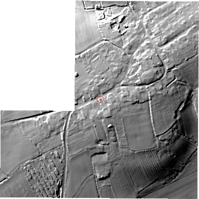 Shaded relief map of the ground around CV130QB, computed from Environment Agency LiDAR. The ground here sits at about 141 m above sea level and falls 28 m across the surrounding 800 m. Surface water reaching this point runs off ground lying to the east-north-east, 7.2 m higher.
