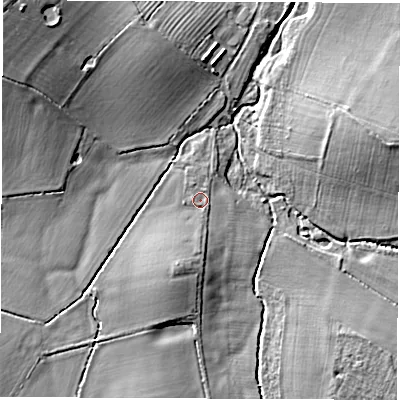 Shaded relief map of the ground around CV136BY, computed from Environment Agency LiDAR. The ground here sits at about 81 m above sea level and falls 12 m across the surrounding 800 m. Surface water reaching this point runs off ground lying to the south-south-west, 3.7 m higher.