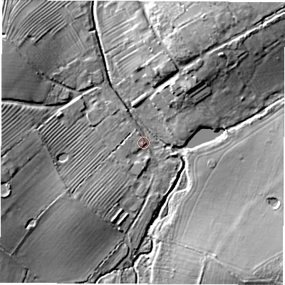 Shaded relief map of the ground around CV136BZ, computed from Environment Agency LiDAR. The ground here sits at about 80 m above sea level and falls 12 m across the surrounding 800 m. Surface water reaching this point runs off ground lying to the south-west, 1.4 m higher.