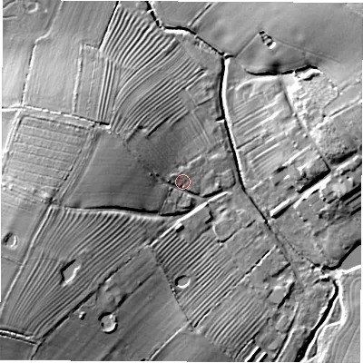 Shaded relief map of the ground around CV136DA, computed from Environment Agency LiDAR. The ground here sits at about 81 m above sea level and falls 15 m across the surrounding 800 m. Surface water reaching this point runs off ground lying to the west, 9.3 m higher.