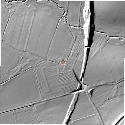 Shaded relief map of the ground around CV136DH, computed from Environment Agency LiDAR. The ground here sits at about 90 m above sea level and falls 14 m across the surrounding 800 m. Surface water reaching this point runs off ground lying to the south-east, 0.7 m higher.