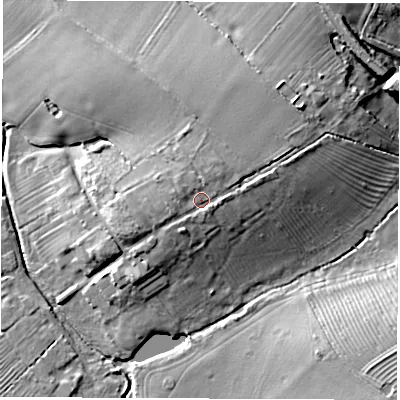 Shaded relief map of the ground around CV136DP, computed from Environment Agency LiDAR. The ground here sits at about 88 m above sea level and falls 16 m across the surrounding 800 m. Surface water reaching this point runs off ground lying to the east-north-east, 2.4 m higher.