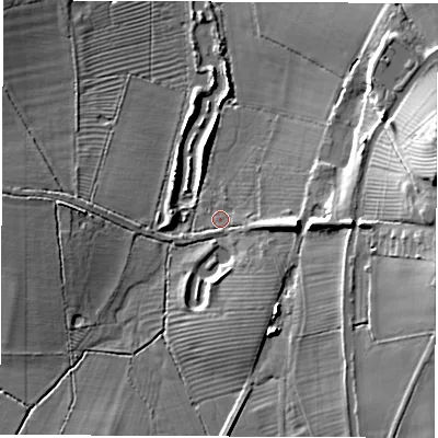 Shaded relief map of the ground around CV136EU, computed from Environment Agency LiDAR. The ground here sits at about 87 m above sea level and falls 18 m across the surrounding 800 m. Surface water reaching this point runs off ground lying to the east-south-east, 2.0 m higher.
