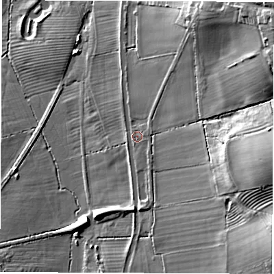 Shaded relief map of the ground around CV136JH, computed from Environment Agency LiDAR. The ground here sits at about 93 m above sea level and falls 25 m across the surrounding 800 m. Surface water reaching this point runs off ground lying to the north-east, 18.8 m higher.
