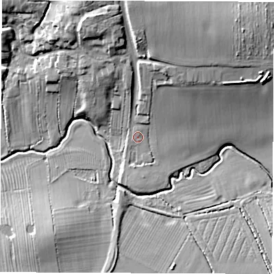 Shaded relief map of the ground around CV136LB, computed from Environment Agency LiDAR. The ground here sits at about 76 m above sea level and falls 18 m across the surrounding 800 m. Surface water reaching this point runs off ground lying to the north-north-west, 15.0 m higher.