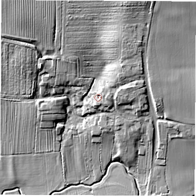 Shaded relief map of the ground around CV136LF, computed from Environment Agency LiDAR. The ground here sits at about 85 m above sea level and falls 25 m across the surrounding 800 m. Surface water reaching this point runs off ground lying to the east-north-east, 3.4 m higher.