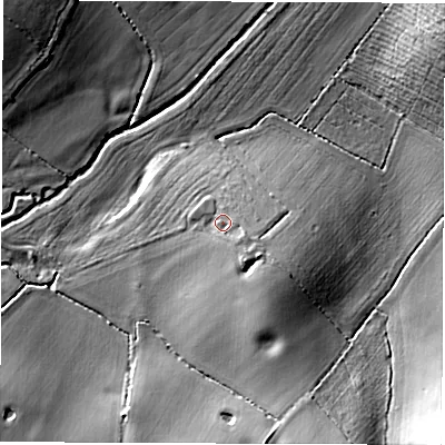 Shaded relief map of the ground around CV136LT, computed from Environment Agency LiDAR. The ground here sits at about 89 m above sea level and falls 27 m across the surrounding 800 m. Surface water reaching this point runs off ground lying to the south-south-east, 6.9 m higher.