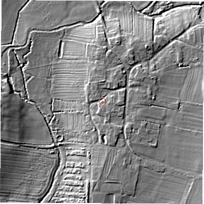 Shaded relief map of the ground around CV136NF, computed from Environment Agency LiDAR. The ground here sits at about 91 m above sea level and falls 9 m across the surrounding 800 m. Surface water reaching this point runs off ground lying to the north, 2.5 m higher.