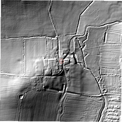 Shaded relief map of the ground around CV136NG, computed from Environment Agency LiDAR. The ground here sits at about 91 m above sea level and falls 18 m across the surrounding 800 m. Surface water reaching this point runs off ground lying to the south-west, 5.4 m higher.