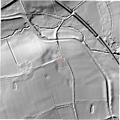 Shaded relief map of the ground around CV136PH, computed from Environment Agency LiDAR. The ground here sits at about 95 m above sea level and falls 8 m across the surrounding 800 m. The ground contributing surface water to this point lies to the east-south-east.
