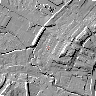 Shaded relief map of the ground around CV13AQ, computed from Environment Agency LiDAR. The ground here sits at about 85 m above sea level and falls 20 m across the surrounding 800 m. Surface water reaching this point runs off ground lying to the east-north-east, 7.5 m higher.