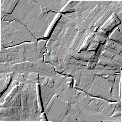 Shaded relief map of the ground around CV13AR, computed from Environment Agency LiDAR. The ground here sits at about 81 m above sea level and falls 20 m across the surrounding 800 m. Surface water reaching this point runs off ground lying to the east-north-east, 14.3 m higher.