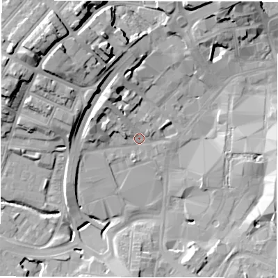 Shaded relief map of the ground around CV13AW, computed from Environment Agency LiDAR. The ground here sits at about 80 m above sea level and falls 21 m across the surrounding 800 m. Surface water reaching this point runs off ground lying to the north-west, 18.0 m higher.