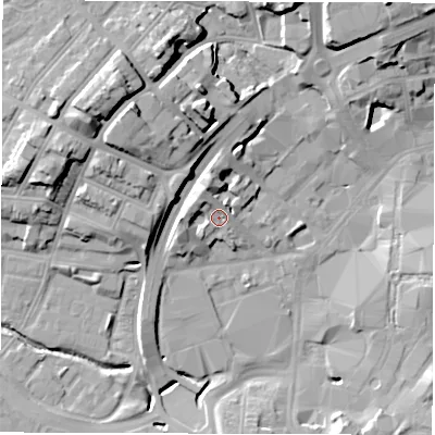 Shaded relief map of the ground around CV13AX, computed from Environment Agency LiDAR. The ground here sits at about 82 m above sea level and falls 21 m across the surrounding 800 m. Surface water reaching this point runs off ground lying to the west, 4.4 m higher.