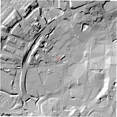 Shaded relief map of the ground around CV13AY, computed from Environment Agency LiDAR. The ground here sits at about 80 m above sea level and falls 22 m across the surrounding 800 m. Surface water reaching this point runs off ground lying to the north-west, 21.0 m higher.