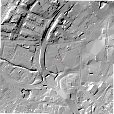 Shaded relief map of the ground around CV13AZ, computed from Environment Agency LiDAR. The ground here sits at about 81 m above sea level and falls 21 m across the surrounding 800 m. Surface water reaching this point runs off ground lying to the west-north-west, 1.0 m higher.