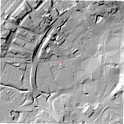 Shaded relief map of the ground around CV13BA, computed from Environment Agency LiDAR. The ground here sits at about 80 m above sea level and falls 21 m across the surrounding 800 m. Surface water reaching this point runs off ground lying to the north-west, 18.0 m higher.