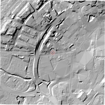 Shaded relief map of the ground around CV13BB, computed from Environment Agency LiDAR. The ground here sits at about 80 m above sea level and falls 21 m across the surrounding 800 m. Surface water reaching this point runs off ground lying to the north-west, 17.7 m higher.