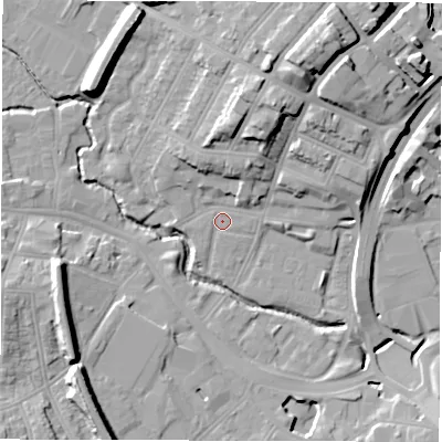 Shaded relief map of the ground around CV13BL, computed from Environment Agency LiDAR. The ground here sits at about 81 m above sea level and falls 21 m across the surrounding 800 m. Surface water reaching this point runs off ground lying to the north-north-east, 13.8 m higher.