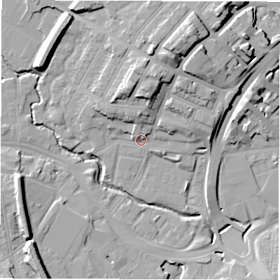 Shaded relief map of the ground around CV13BQ, computed from Environment Agency LiDAR. The ground here sits at about 82 m above sea level and falls 21 m across the surrounding 800 m. Surface water reaching this point runs off ground lying to the north-north-east, 13.2 m higher.