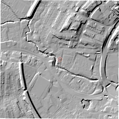 Shaded relief map of the ground around CV13BS, computed from Environment Agency LiDAR. The ground here sits at about 81 m above sea level and falls 21 m across the surrounding 800 m. Surface water reaching this point runs off ground lying to the north-north-east, 17.5 m higher.