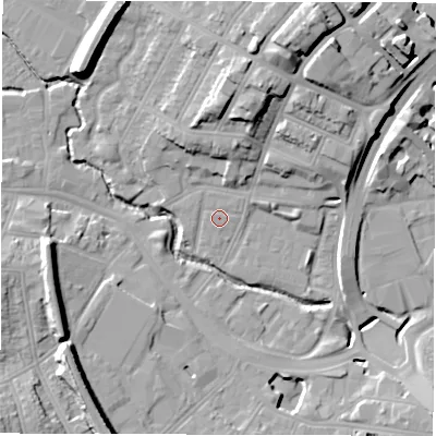 Shaded relief map of the ground around CV13BT, computed from Environment Agency LiDAR. The ground here sits at about 81 m above sea level and falls 21 m across the surrounding 800 m. Surface water reaching this point runs off ground lying to the north-east, 0.8 m higher.